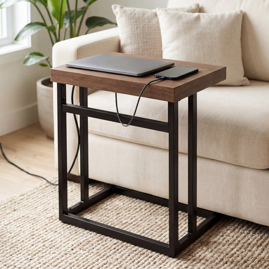 Wood and Metal Large C-Table with Charging