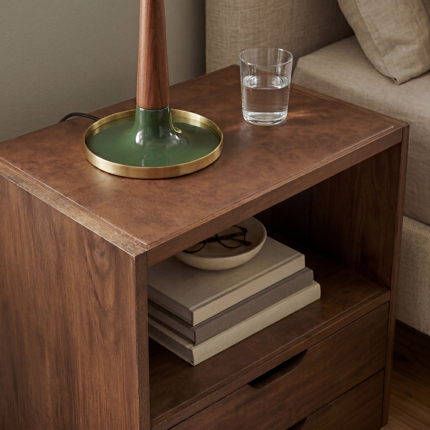 Modern Wood Nightstand with Vegan Leather Top