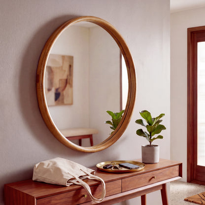 Linden Solid Wood Round Wall Mirror