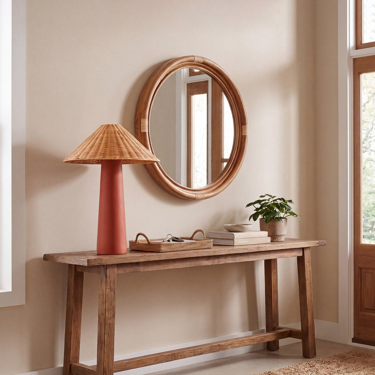 Marlow Real Wood and Rattan Round Wall Mirror